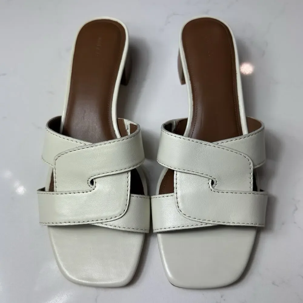 Quince Italian Leather Wood Block Heel Mule White (Color - Bone) Womens Size 9.5